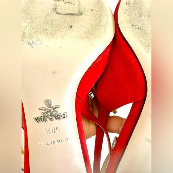 Prada Red Suede Leather Crystal embellished Mary Jane Sling back pumps EU 38.5 - Picture 8 of 11